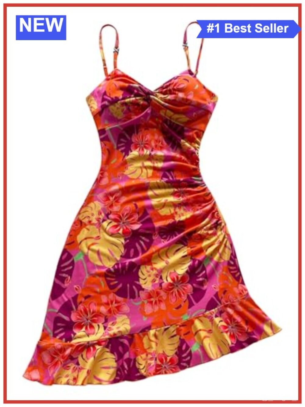 Floerns Women's Tropical Twist Front Ruched Ruffle Hem Bodycon Dress
